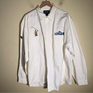 VINTAGE HONORS embroidered fly fishing gathers day gift oversized button down 2X